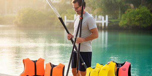 Water sports instructor comparing paddles and life jackets near a South Florida shoreline