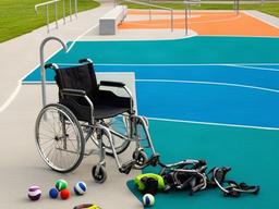 Adaptive sports equipment set beside an accessible community recreation court