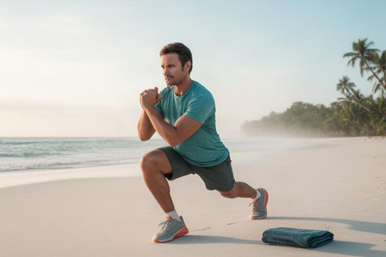 Person doing a bodyweight lunge on a quiet beach with training shoes and a towel nearby