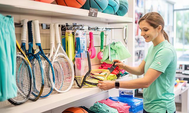Sports specialist arranging basketballs, tennis gear, and running apparel inside a bright North Palm Beach shop