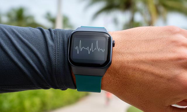Fitness tracker showing heart rate on a runner's wrist during an outdoor workout
