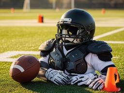 American football equipment arranged on a sunny school practice field