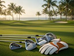 Golf clubs and glove resting beside a green Palm Beach course