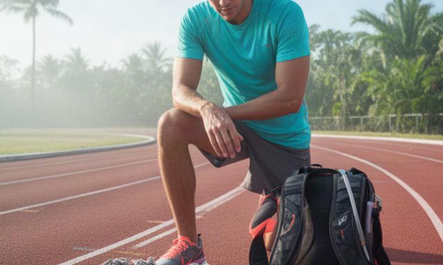 Individual runner comparing training shoes and a hydration pack at an outdoor North Palm Beach track