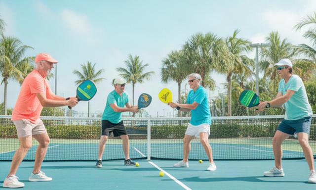Four Juno Beach pickleball beginners practising with different paddles on an outdoor court