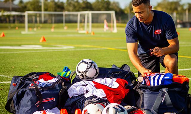 Local youth football coach checking organised team equipment bags on a sunny field