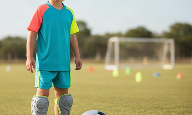 Young soccer player wearing a bright training kit with cleats and shin guards beside a practice ball