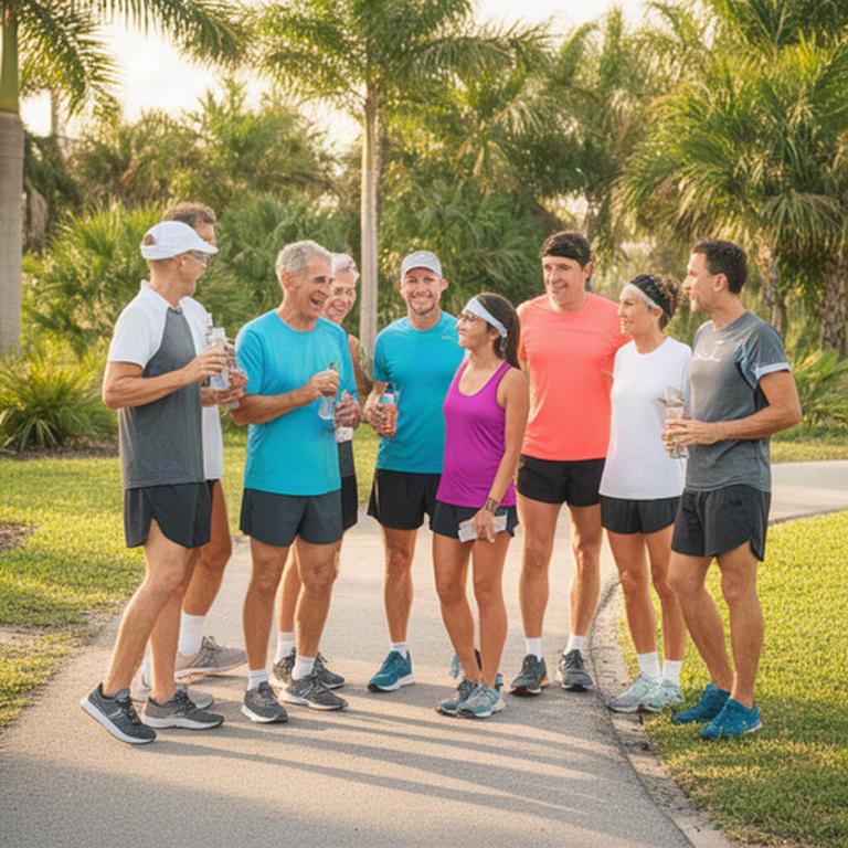 North Palm Beach run club members gathering beside a park path before a Saturday morning run
