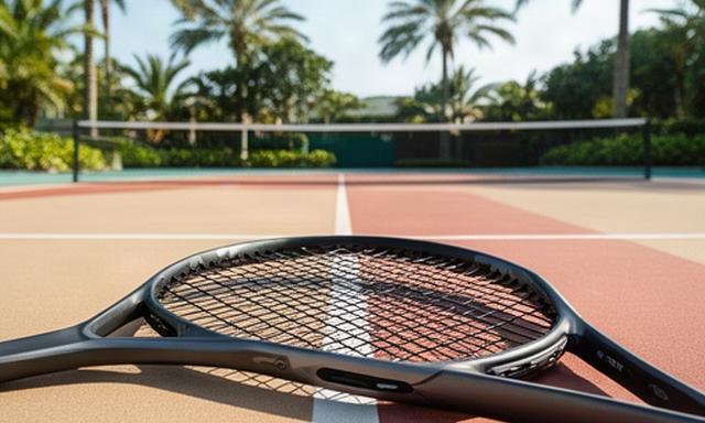 Tennis racket resting on a hard court near palm trees in North Palm Beach