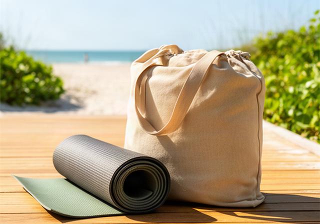 Rolled natural rubber travel yoga mat beside a canvas bag on a bright beach boardwalk