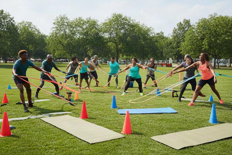 Outdoor bootcamp group training on grass with cones, resistance bands, and exercise mats