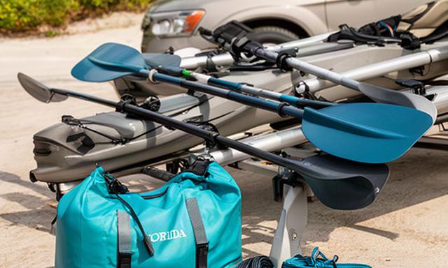 Kayak roof rack, paddles, and dry bag arranged beside a Florida vehicle