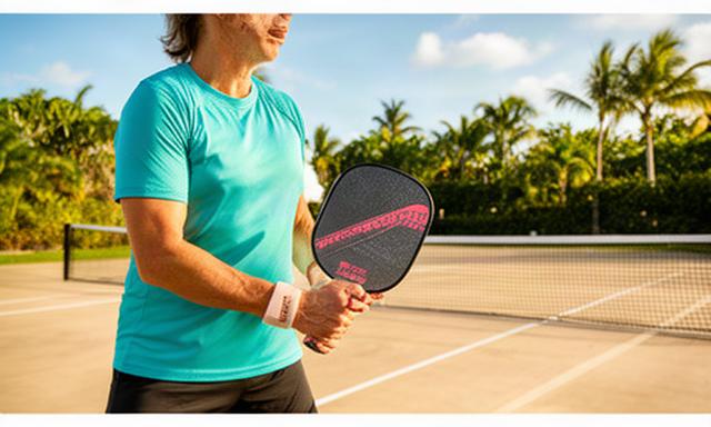 Pickleball player holding a graphite paddle beside a sunny Palm Beach County court