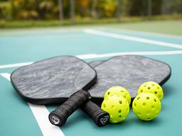Graphite pickleball paddles and balls on an outdoor court in Florida