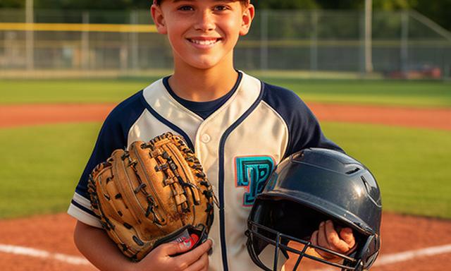 Rookie baseball player holding a youth glove and helmet at a sunny local diamond
