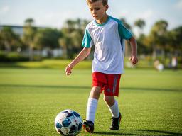 Youth soccer player practising with a ball on a North Palm Beach grass field