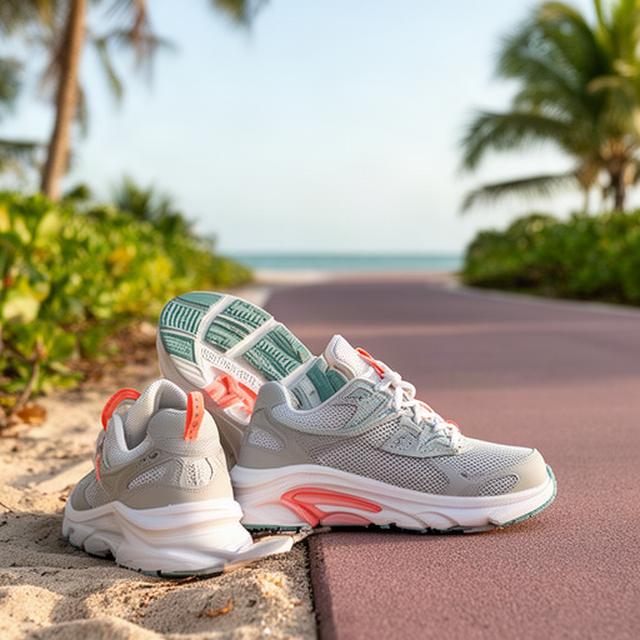 Supportive walking shoes with cushioned soles displayed beside a walking trail in North Palm Beach