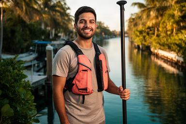 Darius Bell, co-founder, holding a paddle beside a calm South Florida canal