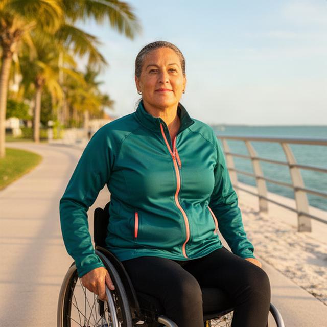 Wheelchair-friendly active jacket shown on an athlete beside a sunny North Palm Beach waterfront path